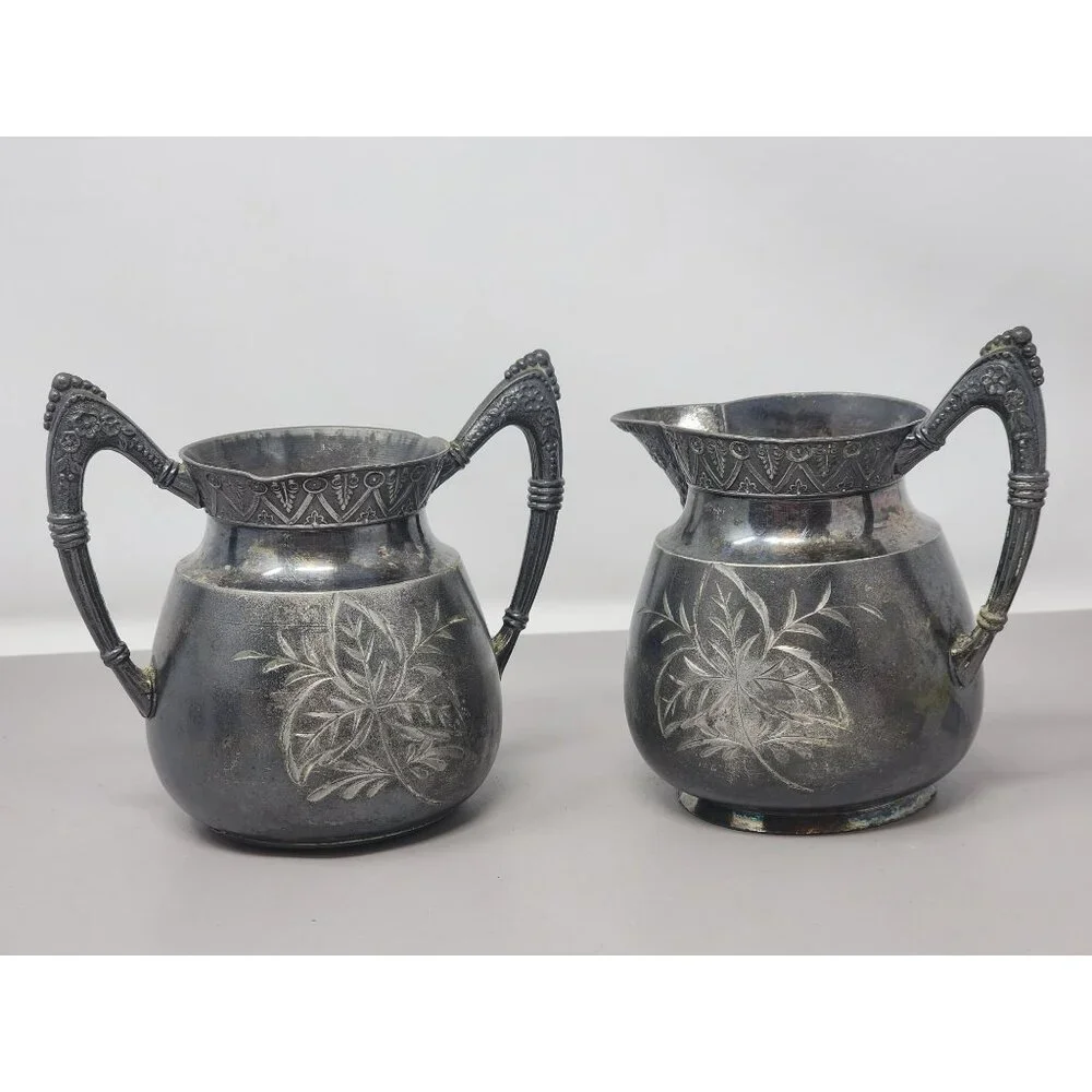 Antq Charles Rogers Triple Plate Silver Cream/Sugar Ornate Handles/Floral Engrav